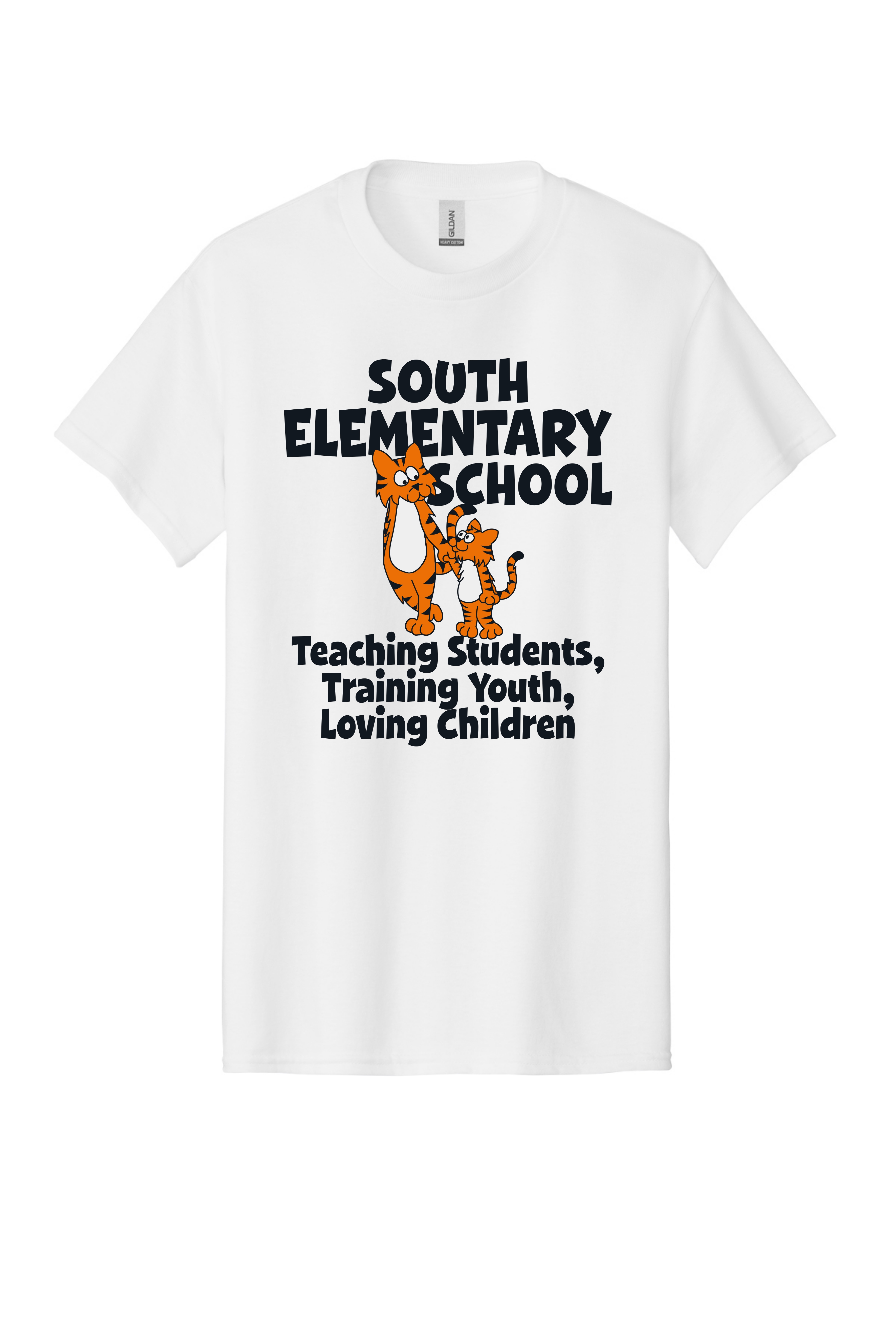 The front of a white t-shirt with the text 'South Elementary School' printed towards the top. Below that is a cartoon tiger holding the hand of a tiger cub as they walk together. Beneath the image is more text reading 'Teaching Students, Training Youth, Loving Children