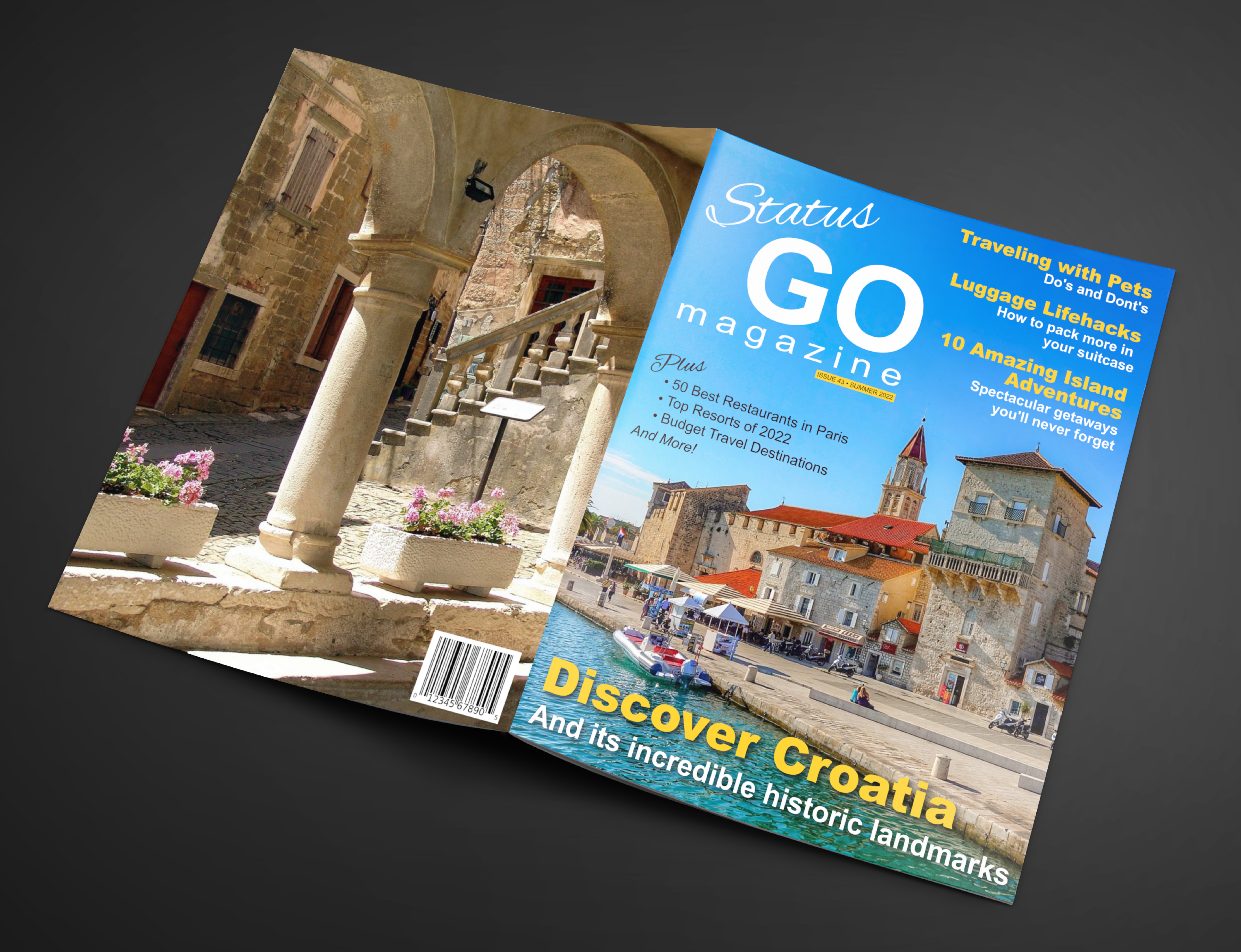 Full mockup showing both the front and back cover of a travel magazine.