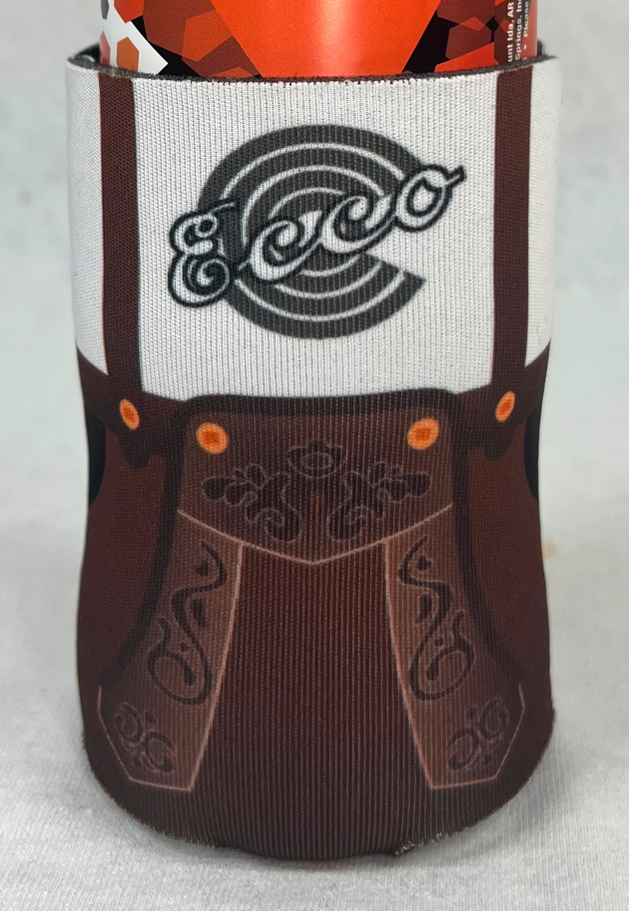 Close-up of the Ecco Lounge Lederhosen Koozie on a water bottle